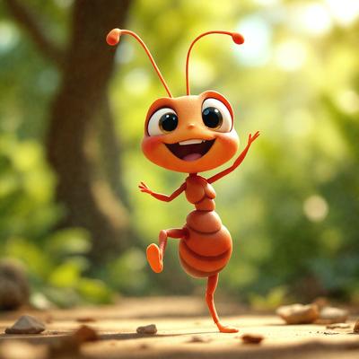The primary subject of the image is a cartoon-like insect, specifically a grasshopper, with a big smile on its face. The setting is a forest, with trees and greenery surrounding the insect. The visual style is a digital art or illustration, giving the image a vibrant and lively appearance. The colors and mood are cheerful and light-hearted, as the insect appears to be enjoying itself in the forest.